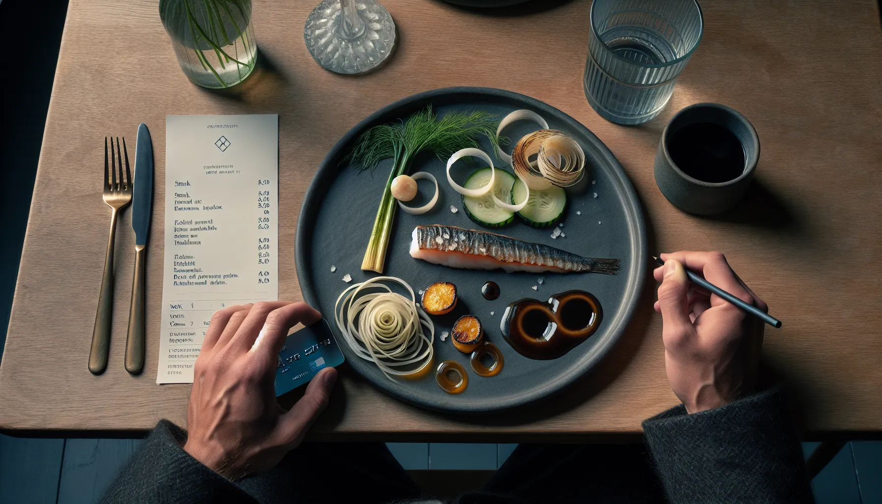 Anonymous inspector notes a nordic seafood dish in an oslo restaurant at dusk.