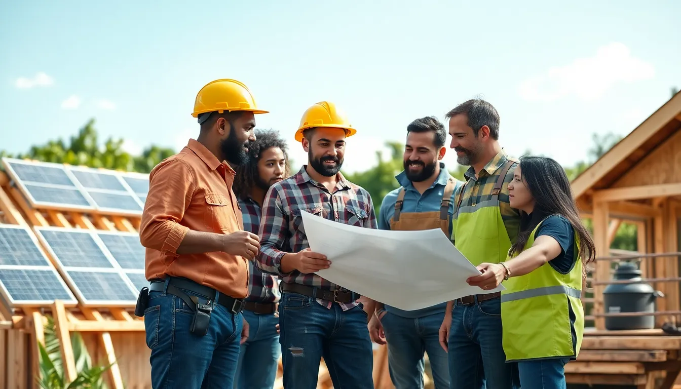 diverse builders collaborating on a sustainable home construction site.