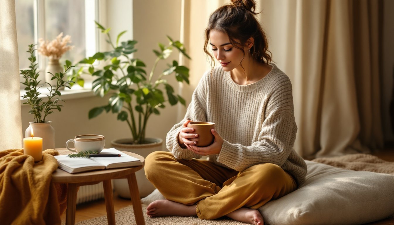 A woman calmly holding a warm mug beside a journal in soft morning light.