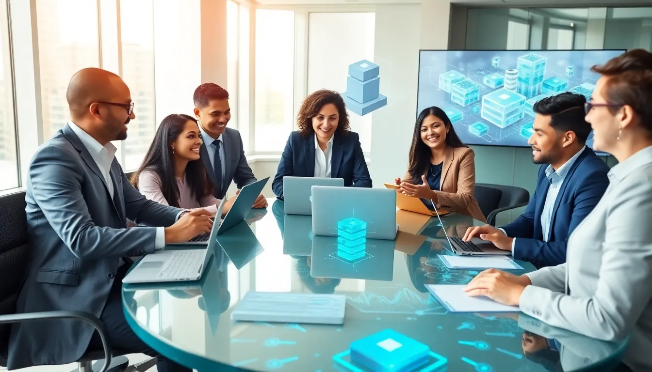 diverse team discussing blockchain technology in a modern office.
