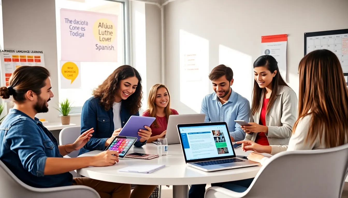 diverse group learning Spanish in a modern digital workspace.
