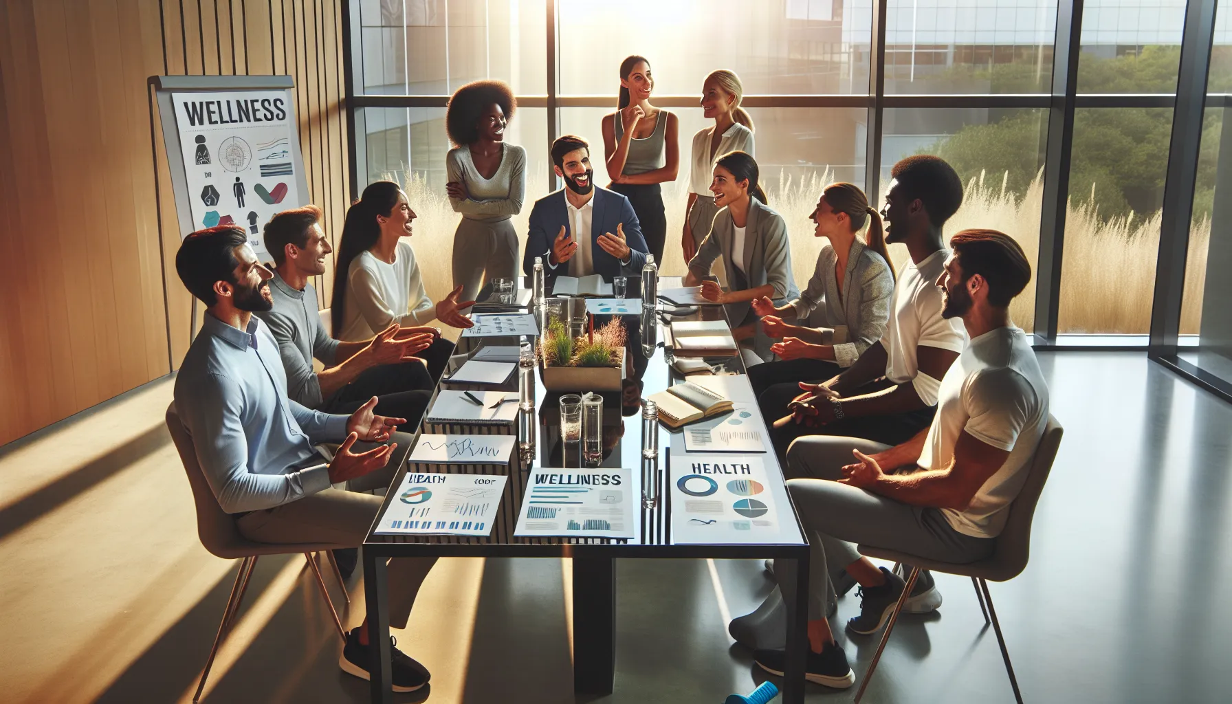 diverse professionals discussing wellness in a modern office