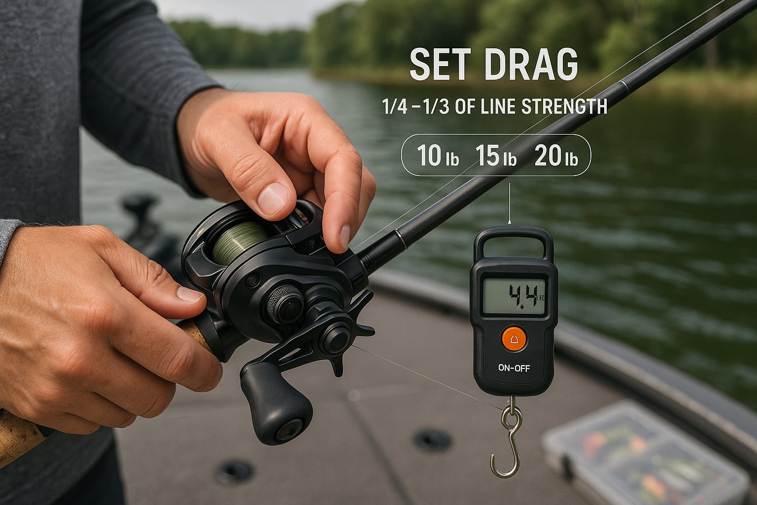Angler measuring bass reel drag with a scale on a fishing rod.