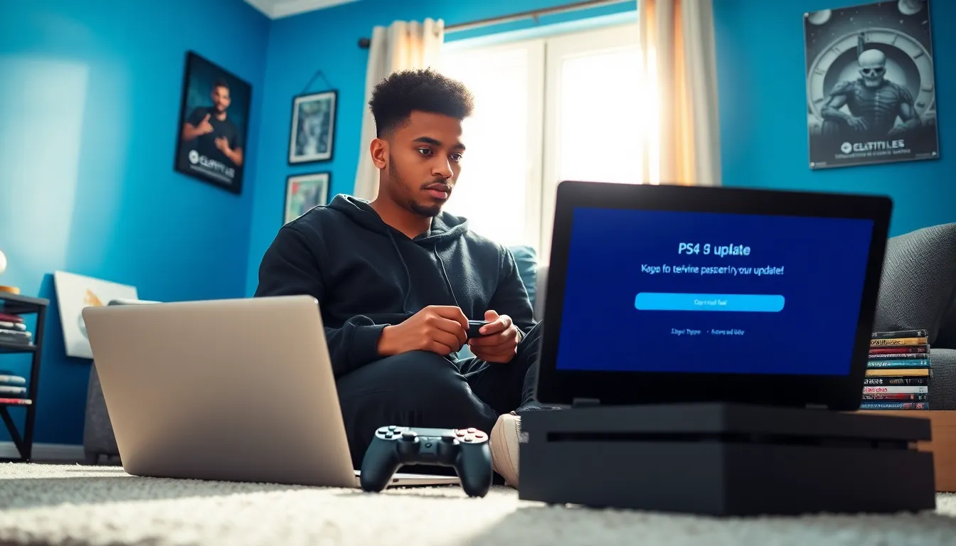 A gamer updating his PS4 in a cozy living room.