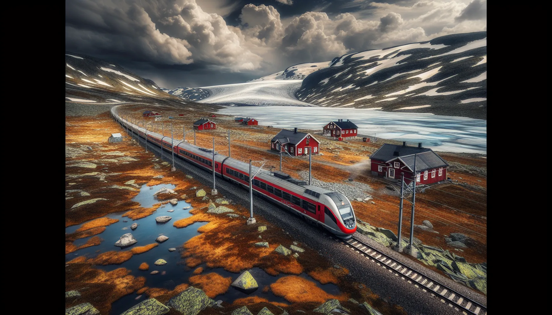 Bergensbanen train crossing snowy hardangervidda plateau with glacier and dramatic sky.