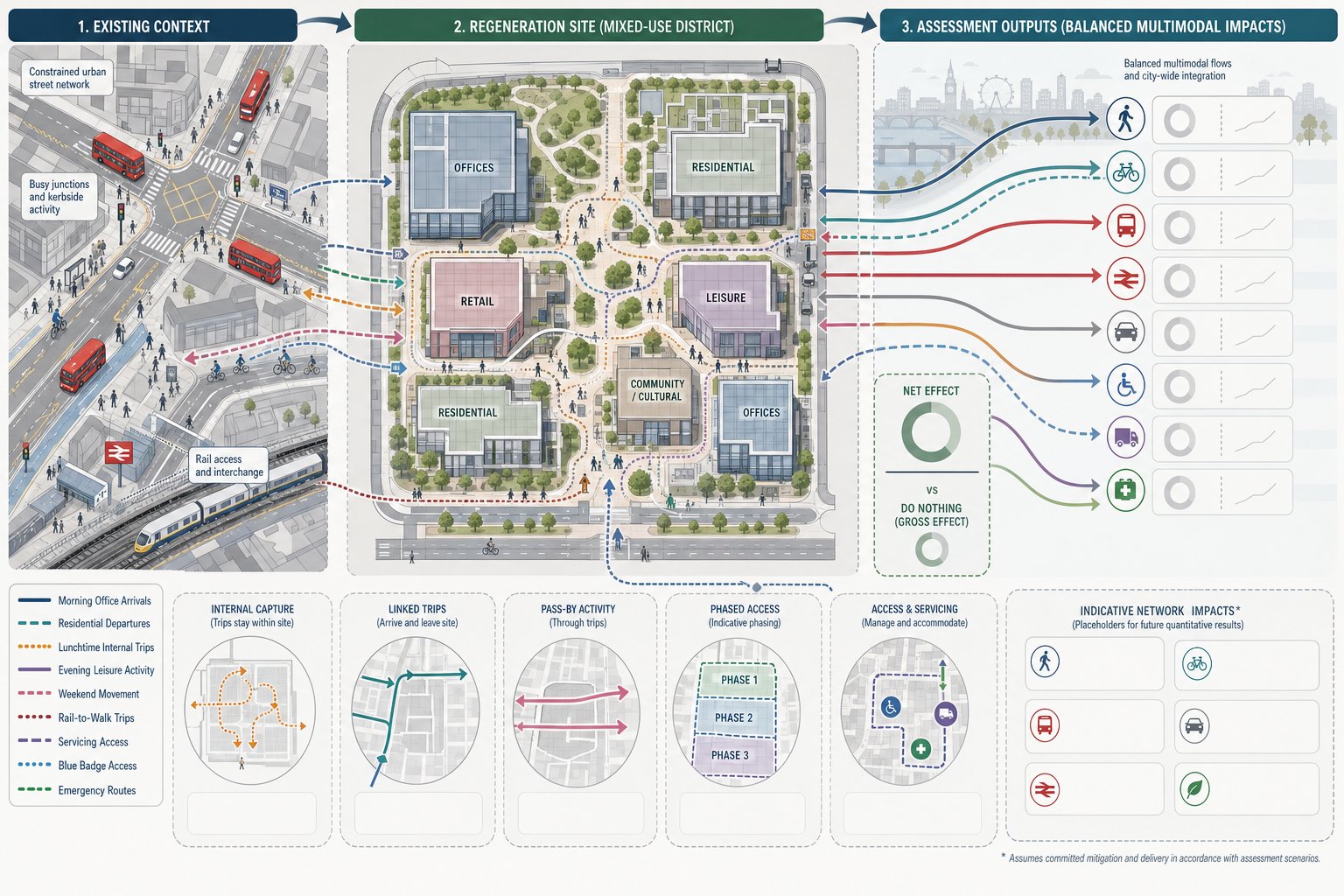 Infographic of transport flows and assessment factors in a UK mixed-use regeneration site.