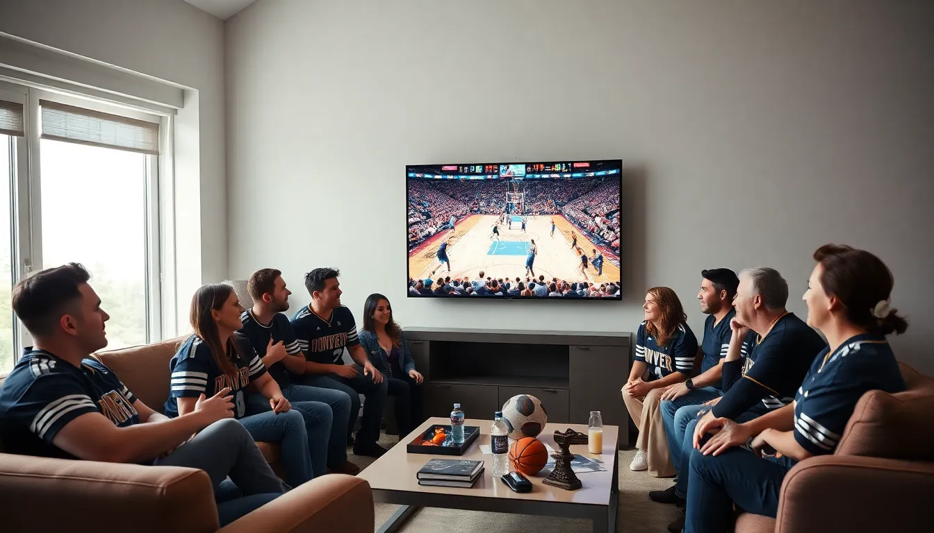 Friends watching a Denver Nuggets game on TV in a cozy living room.