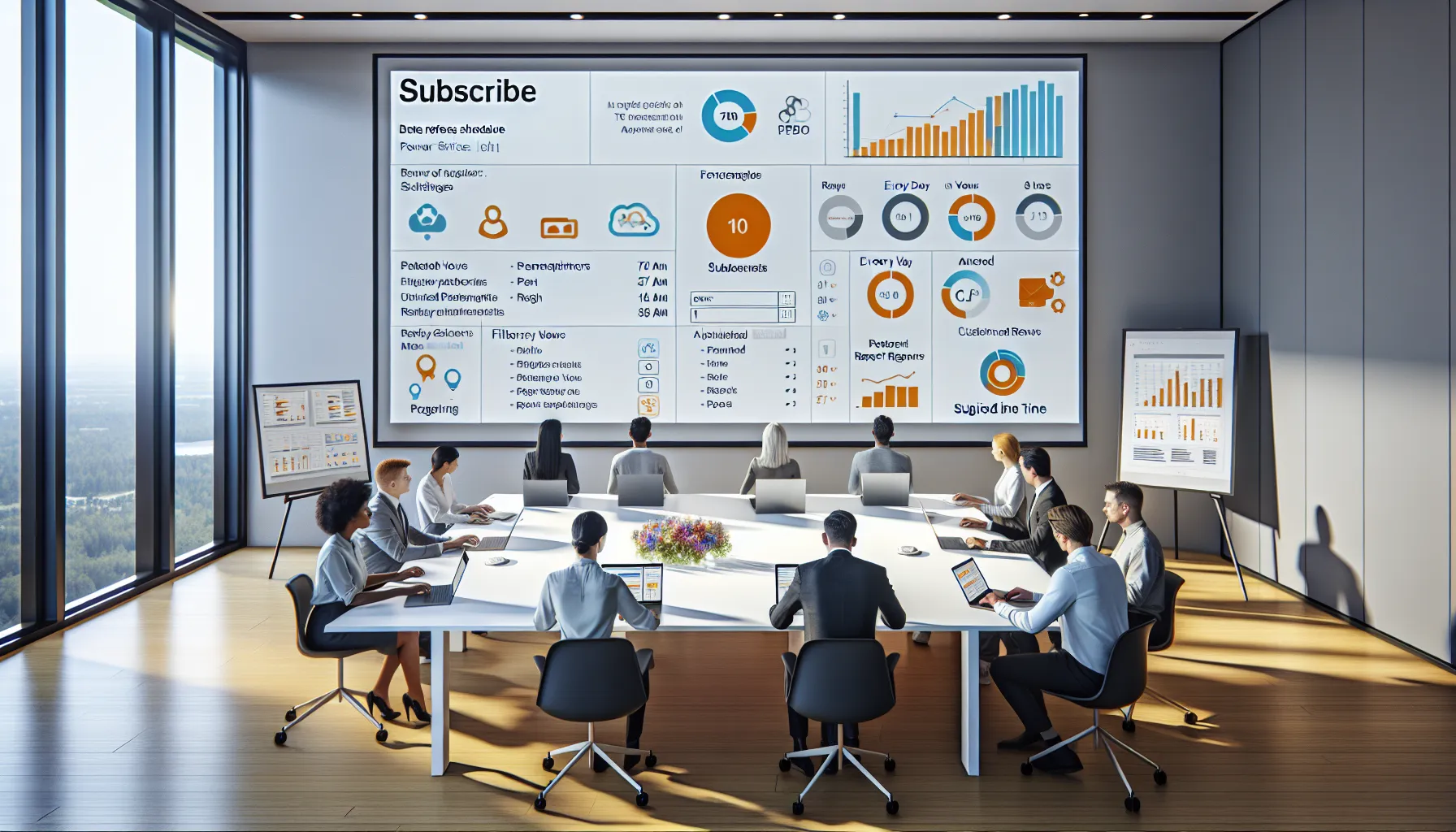 Business team scheduling secure Power BI report email subscriptions on screens in a modern office.