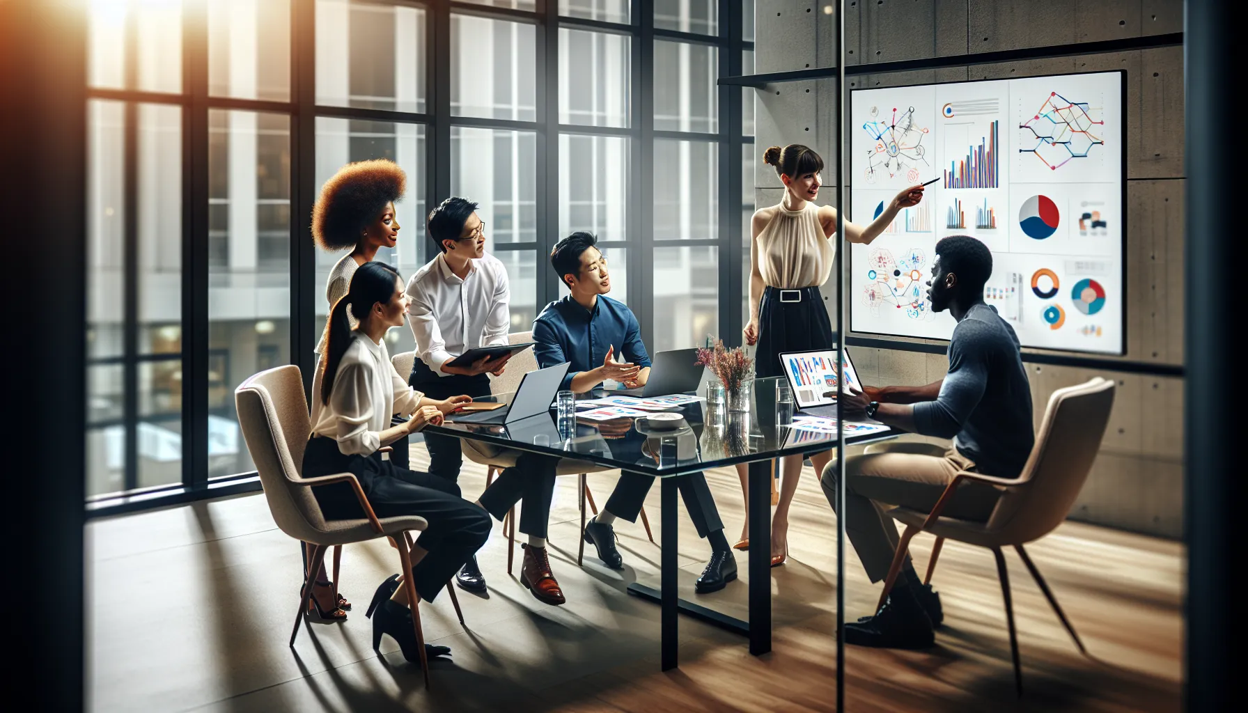 diverse team collaborating on storytelling techniques in a modern office.