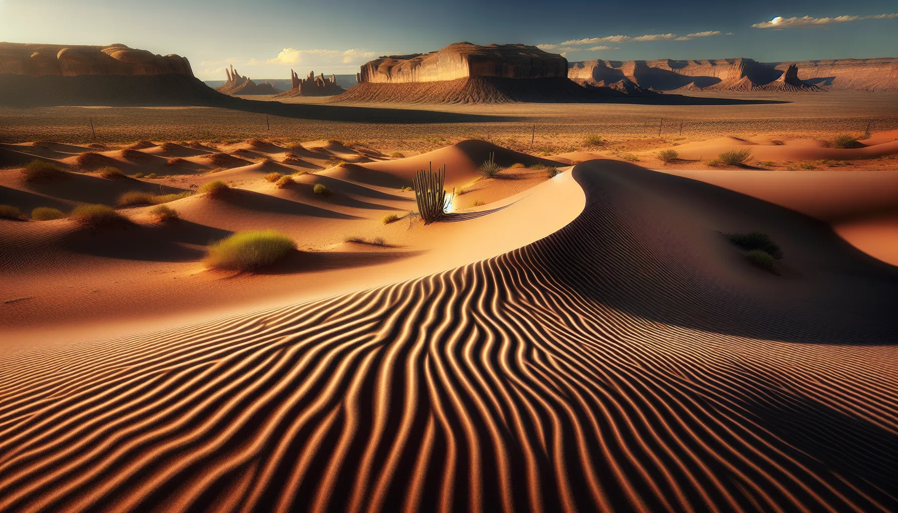 A sand dune in a desert with arid surroundings under a clear sky.