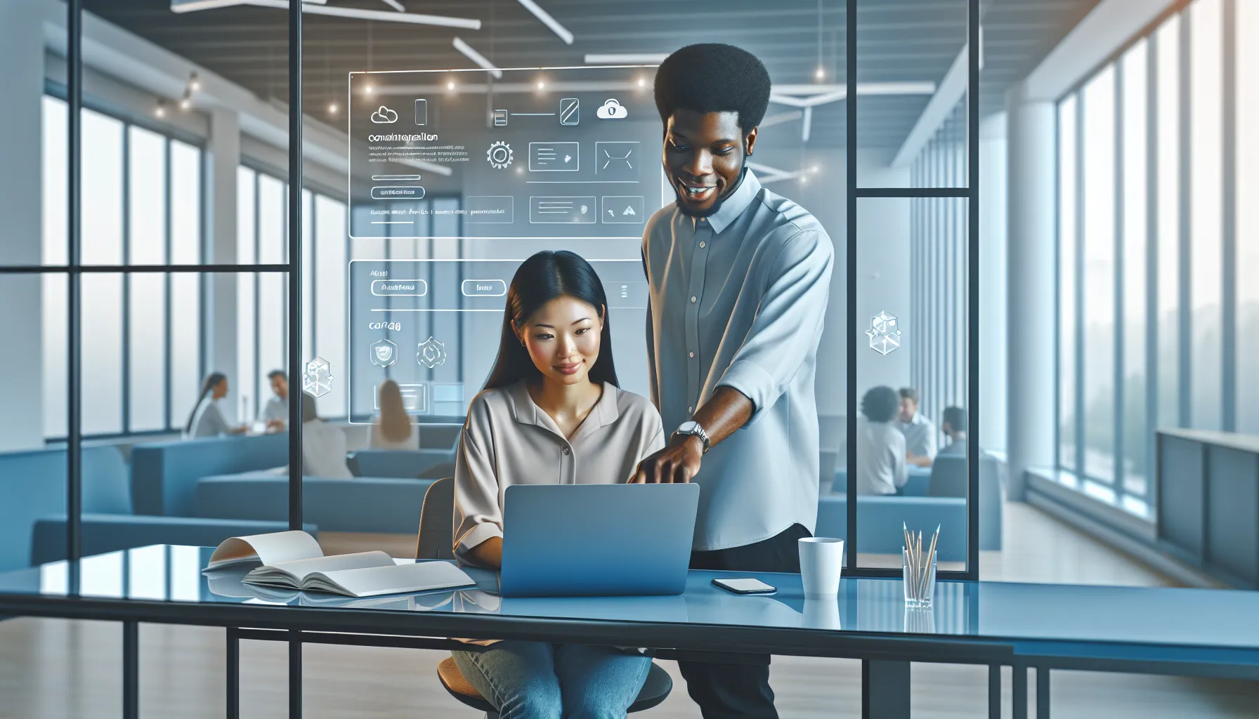 diverse team setting up the AppCloseAdd app in a modern office.