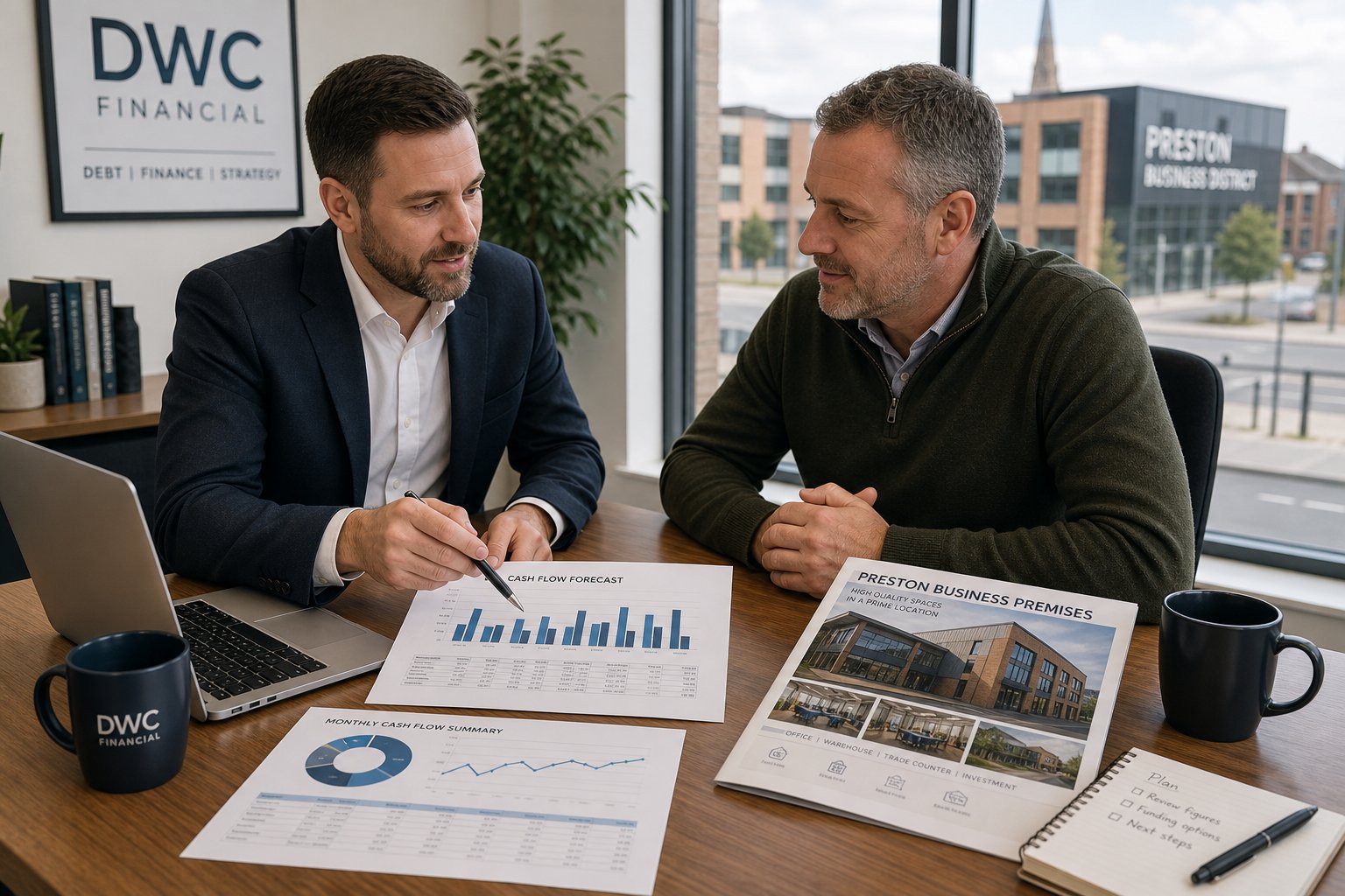 Commercial Mortgage Brokers Preston 3 Business owner and finance professional reviewing cash-flow documents and commercial property details in a modern office.