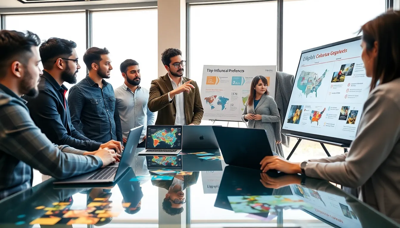 diverse game developers discussing regional gaming preferences in a modern office.
