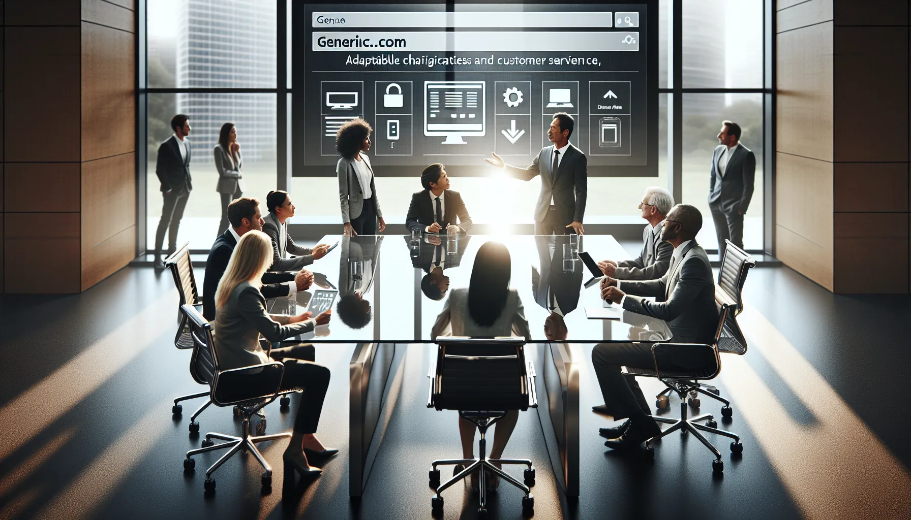 professionals demonstrating IboomA.com features in a modern office.