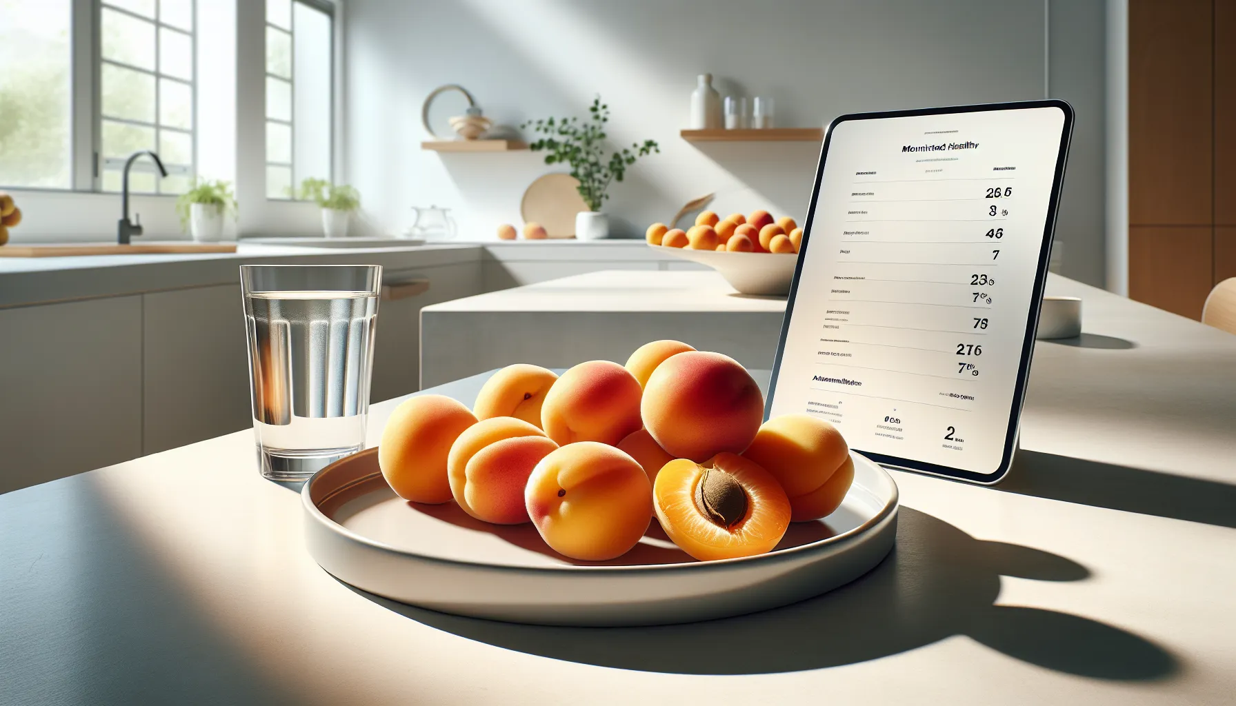Fresh apricots and a digital nutrition chart in a bright, modern kitchen.