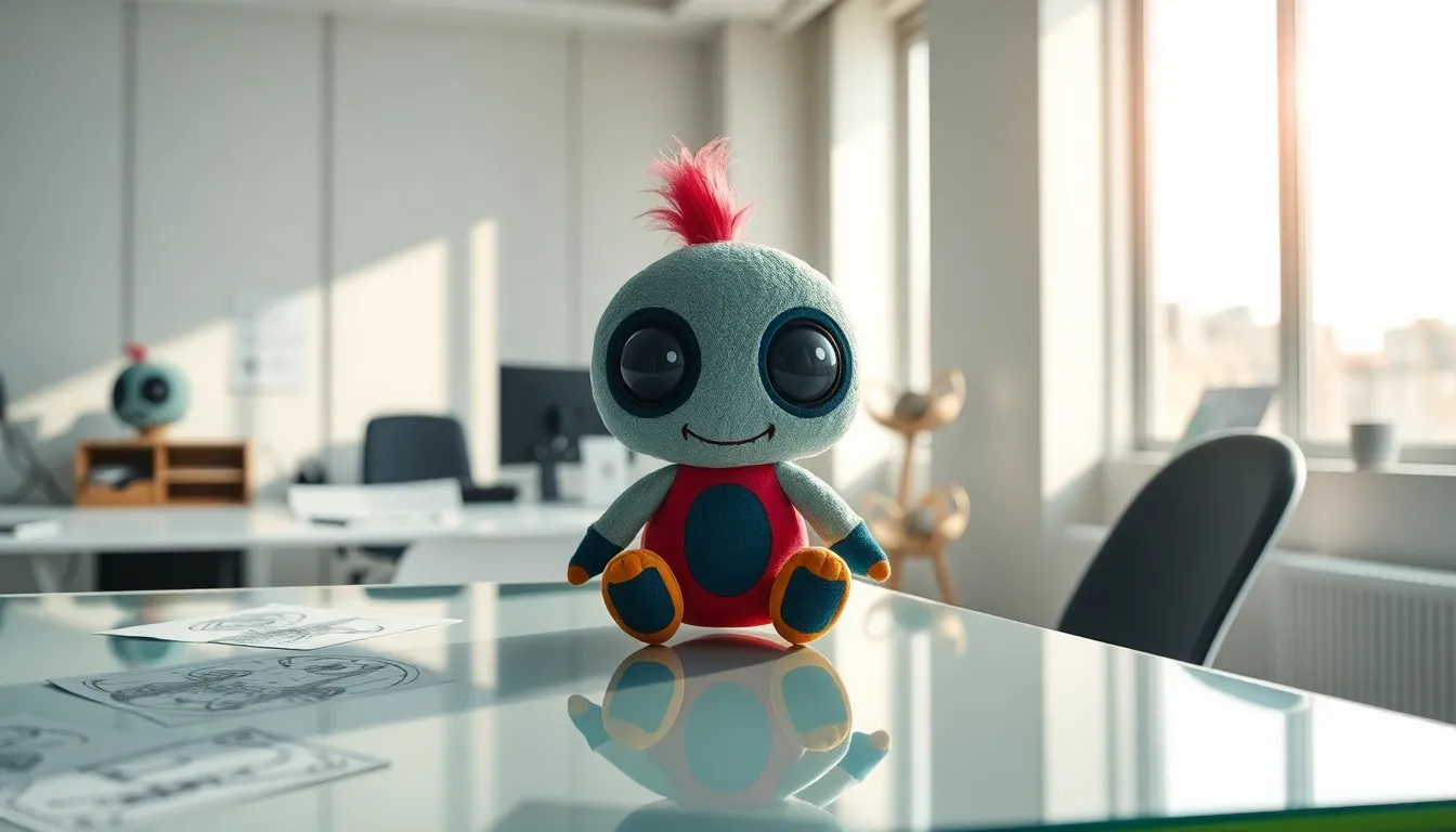 A plush doll of a Murder Drone in a modern office setting.