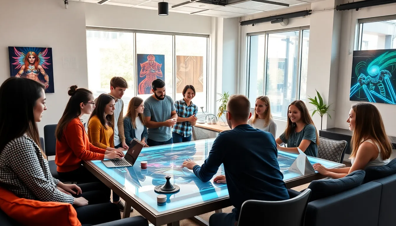 diverse team collaborating on game development in a modern studio.