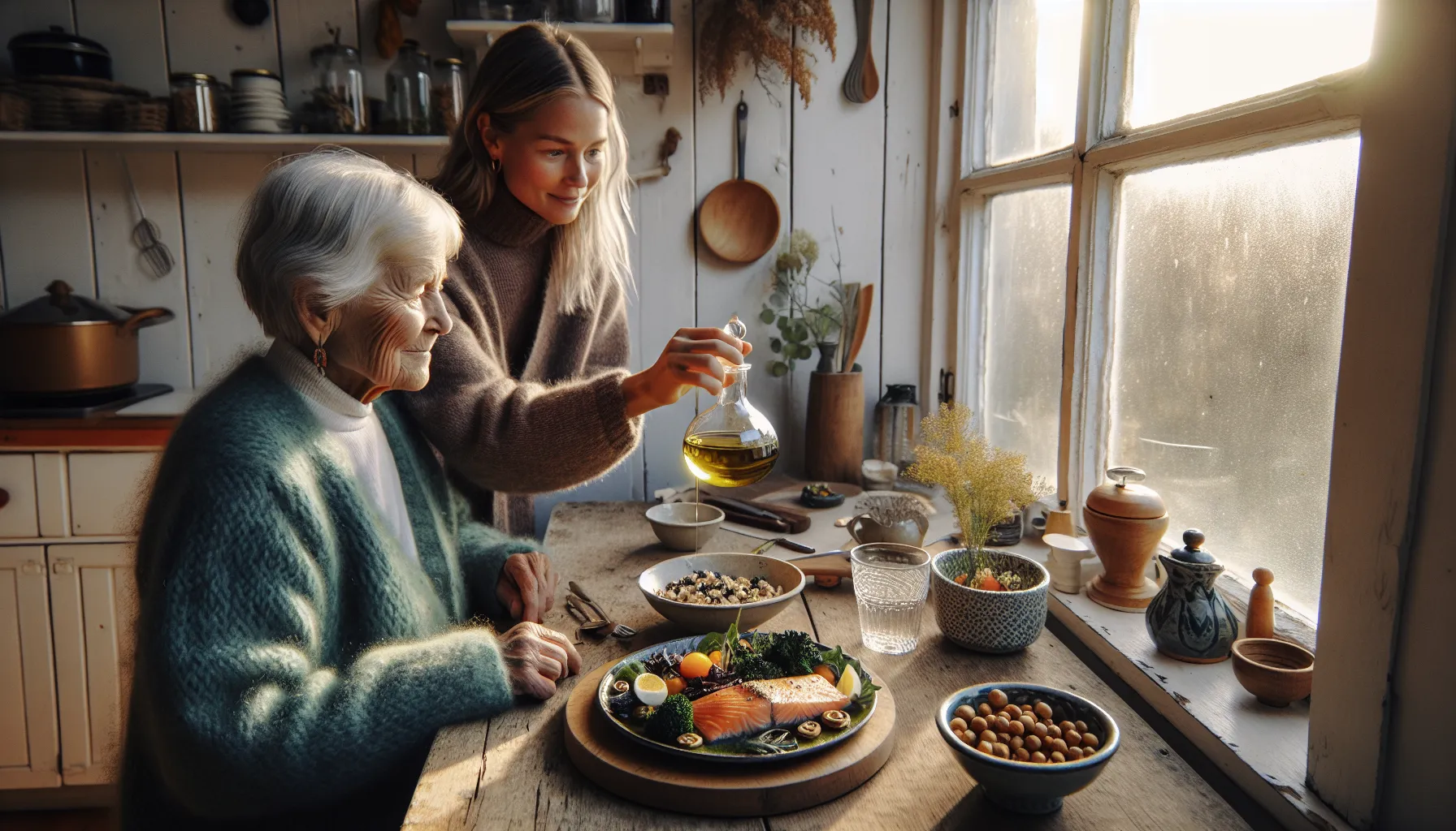 Elderly woman in norwegian kitchen served a small, nutrient-dense mediterranean-style meal.