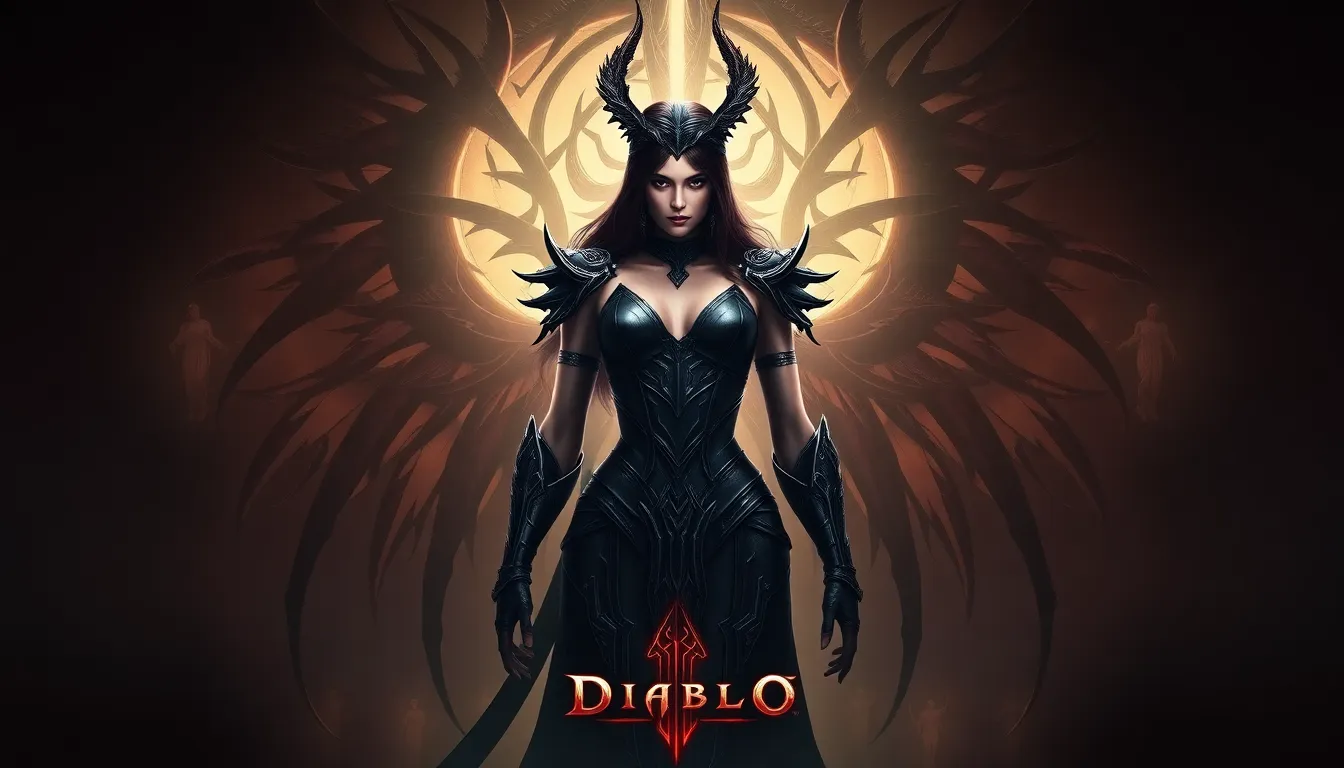 Lilith from Diablo IV standing confidently in a dramatic, ethereal setting.