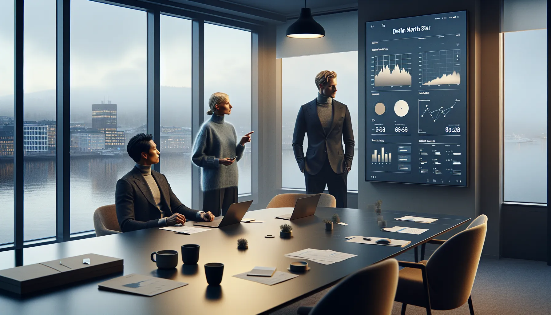 Executives review a color-coded ga4 dashboard in an oslo boardroom.