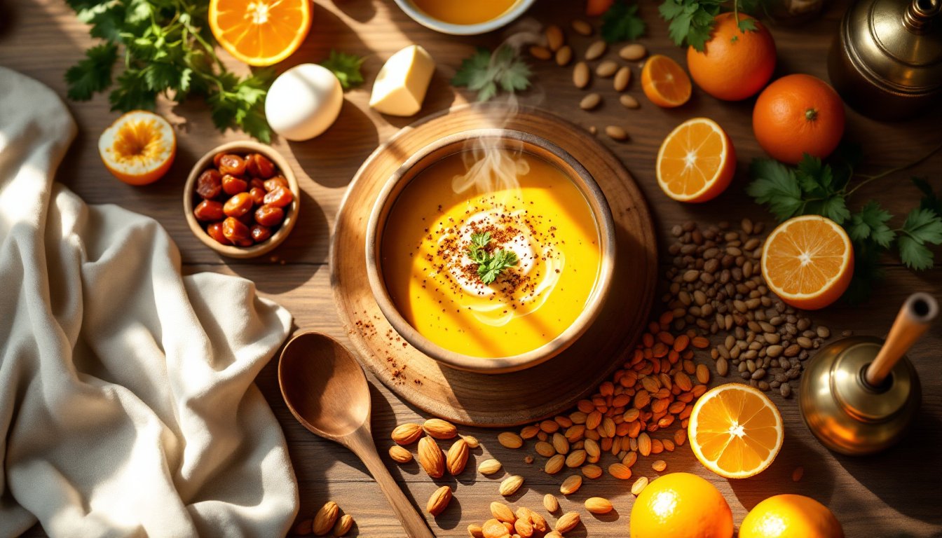 Bowl of mung dal soup surrounded by nutrient-rich foods for healthy hair, skin, and nails.