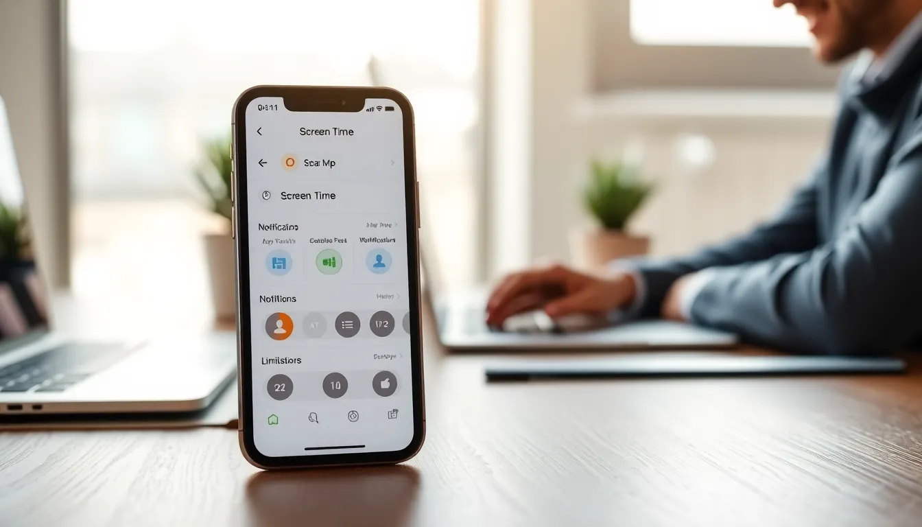 iPhone showing Screen Time feature in a modern workspace.