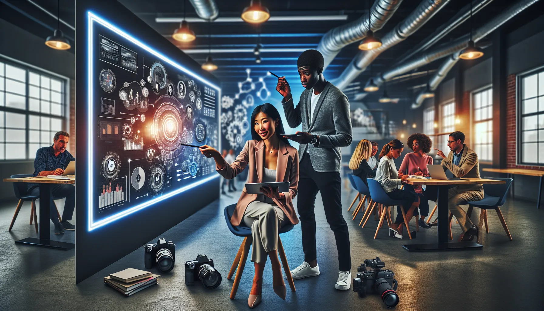 diverse team collaborating on creative content strategies in a modern workspace.