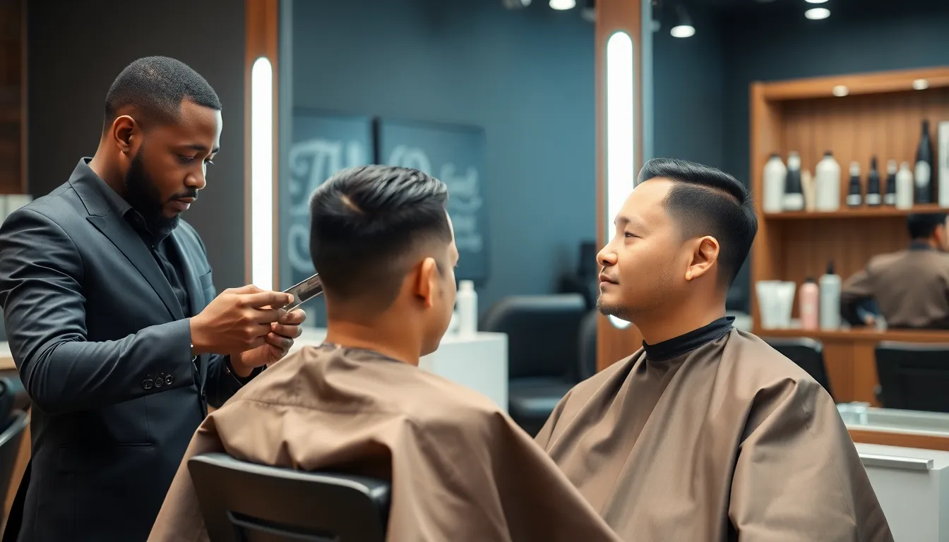 Barber giving a client a stylish mid fade taper haircut.