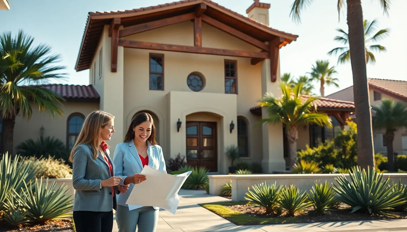 diverse architects discussing Mission Style Architecture in a California setting.