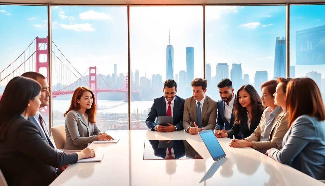 diverse professionals brainstorming in a modern tech hub setting.