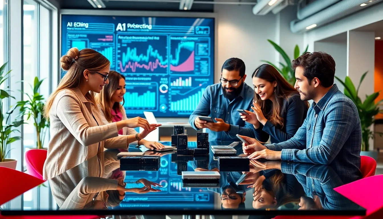 diverse team collaborating on AI chip design in a modern office.
