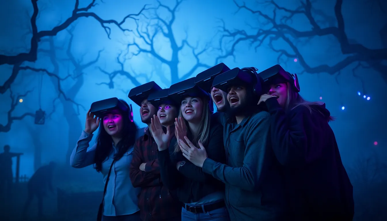 players experiencing a horror game together in a dark virtual environment.