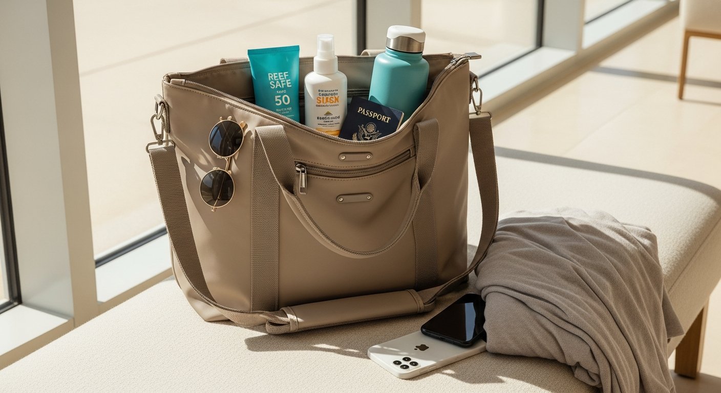 Stylish travel beach tote with organized essentials in a bright modern setting.