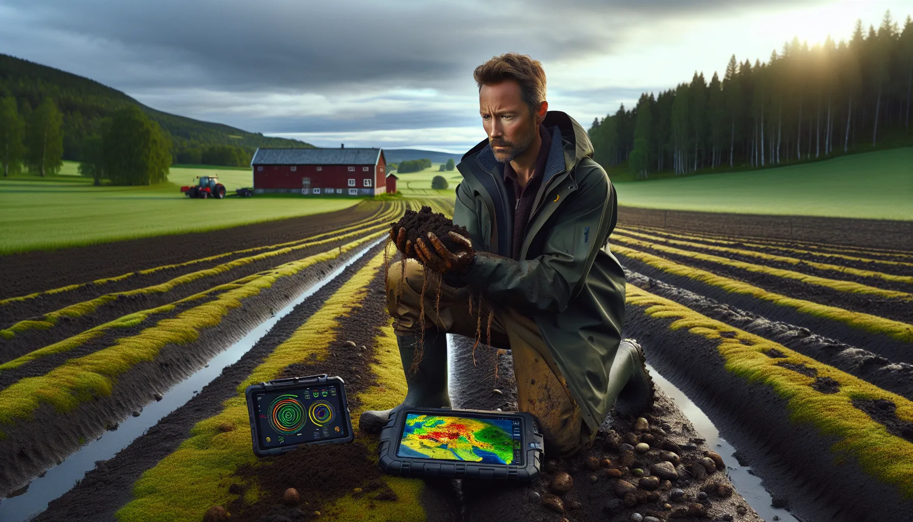 Norwegian farmer examining living soil by hand beside a tablet with satellite field data.