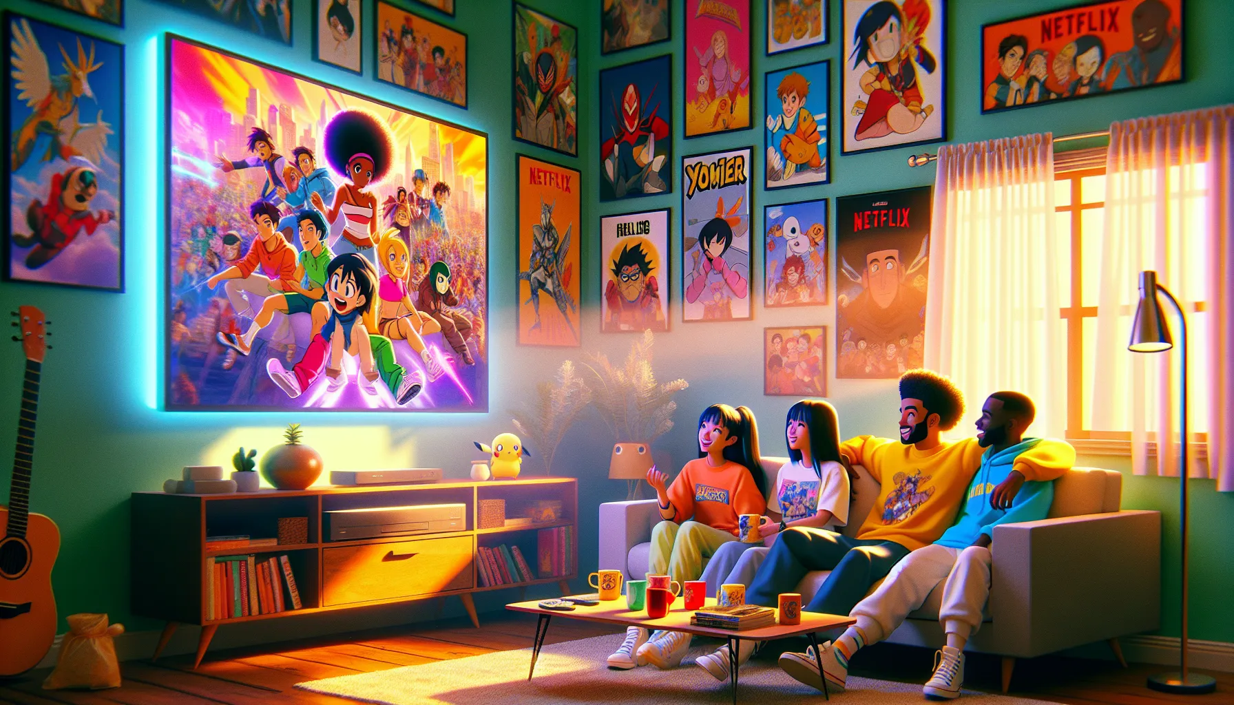 a living room scene with friends watching anime and cartoons together.