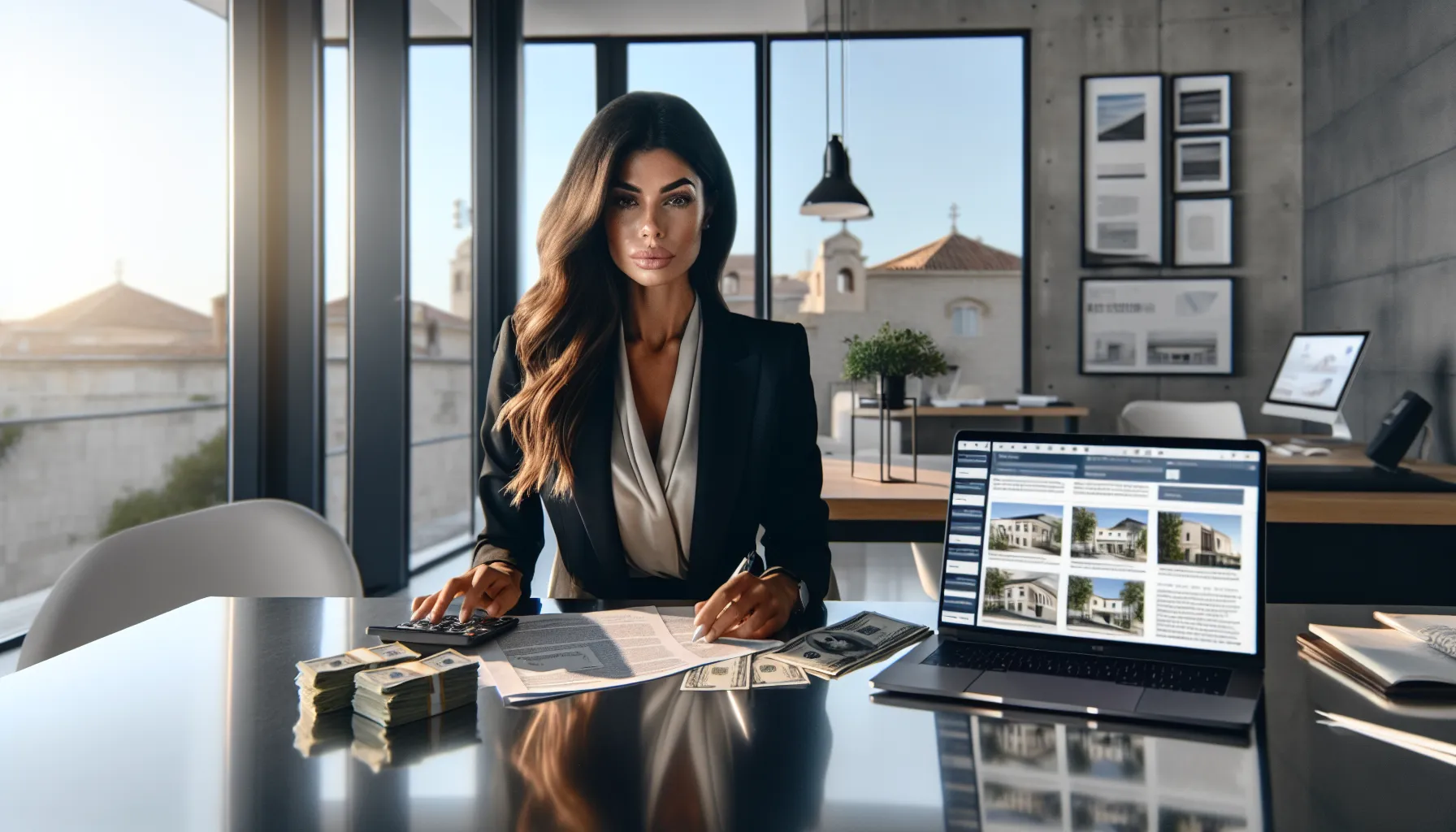 Professional reviewing property documents with cash for real estate purchase