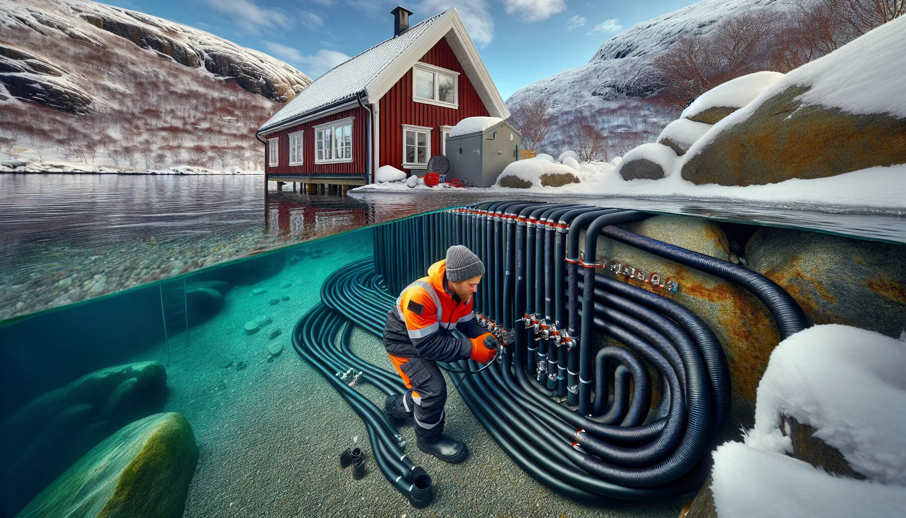 Technician installing closed-loop sea heat pump coils beside a norwegian fjord home.