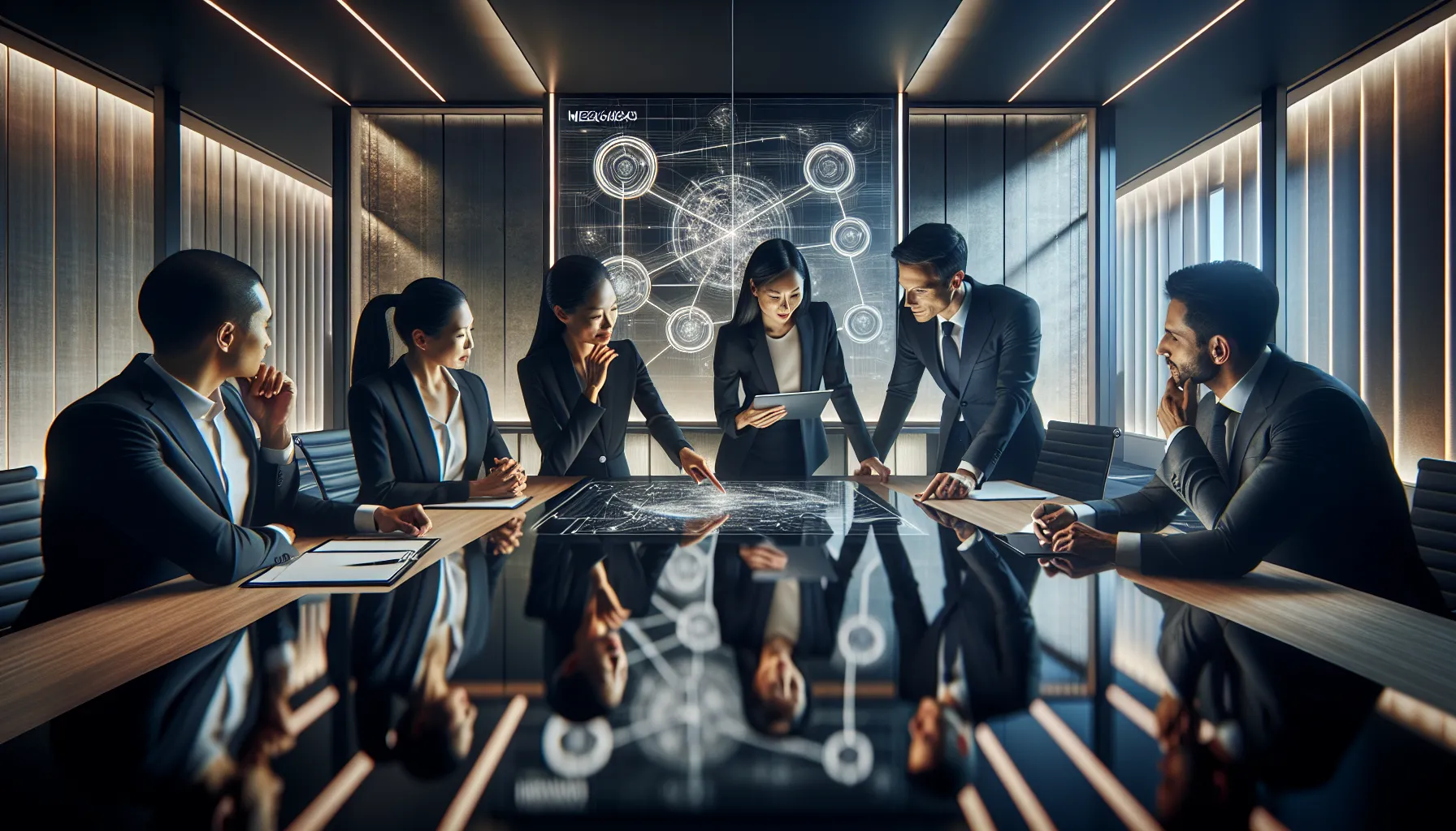 diverse professionals discussing data in a modern office.