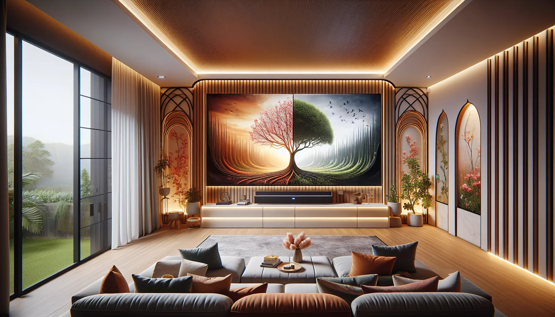 A home theater setup symbolizing series and miniseries differences with artistic visuals on-screen.