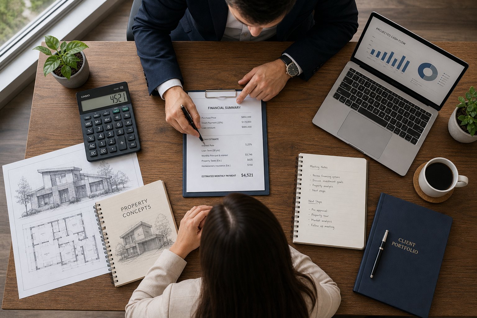 Overhead view of a commercial mortgage consultation desk with paperwork, laptop, calculator, and two people reviewing figures.