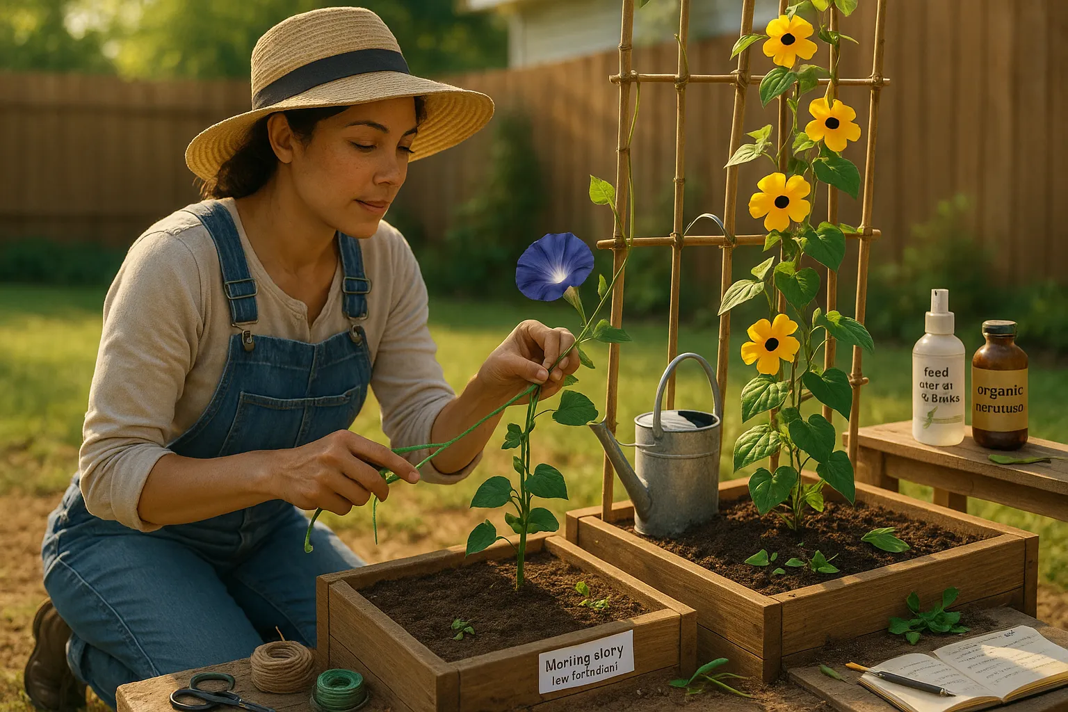 Gardener tying morning glory while black-eyed Susan vine blooms in raised beds.