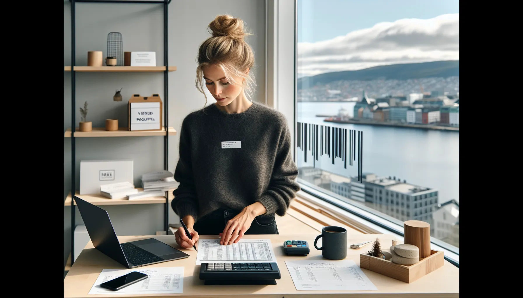 Norwegian entrepreneur planning startup costs with budget board and 20% buffer.