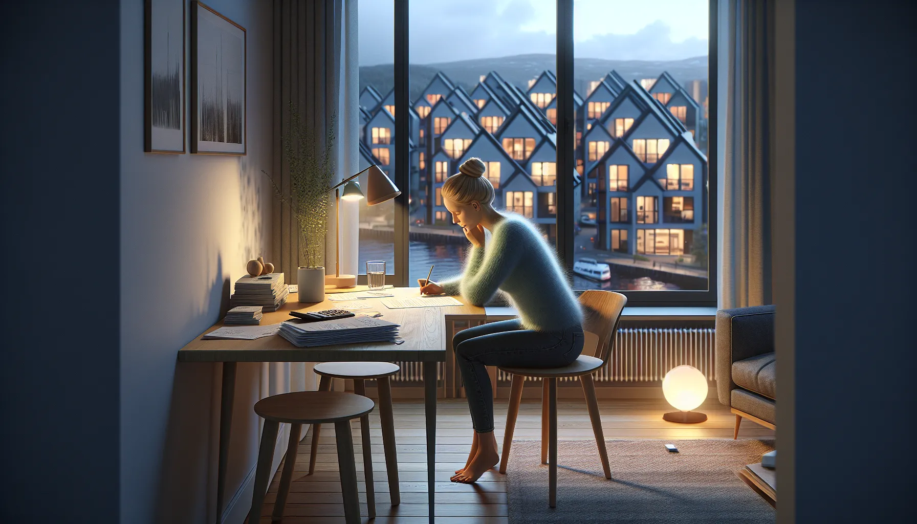 Young norwegian couple planning housing down payment with laptop, notes, and savings jar.