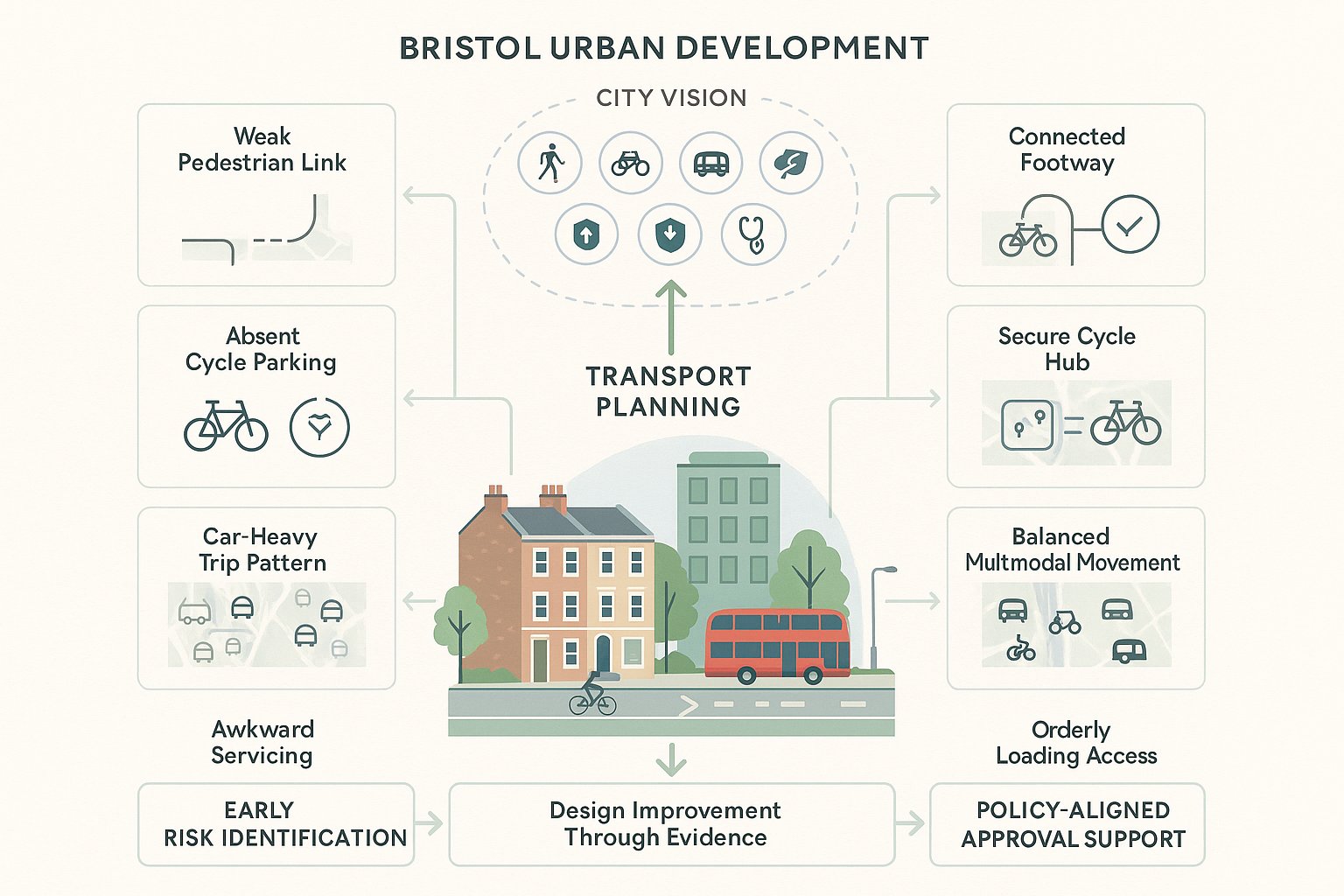 Infographic showing how transport planning supports sustainable development decisions in Bristol.