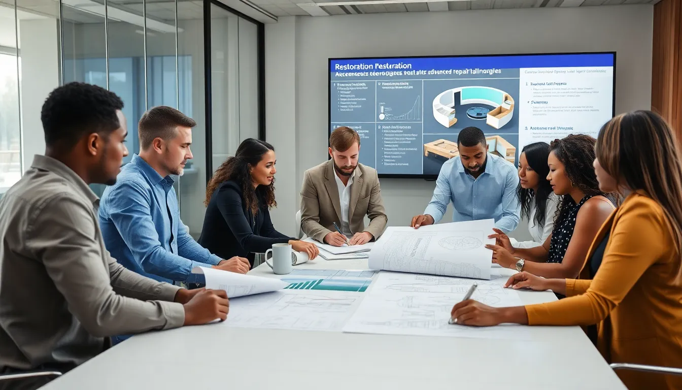 diverse team discussing restoration alternatives in a modern office.