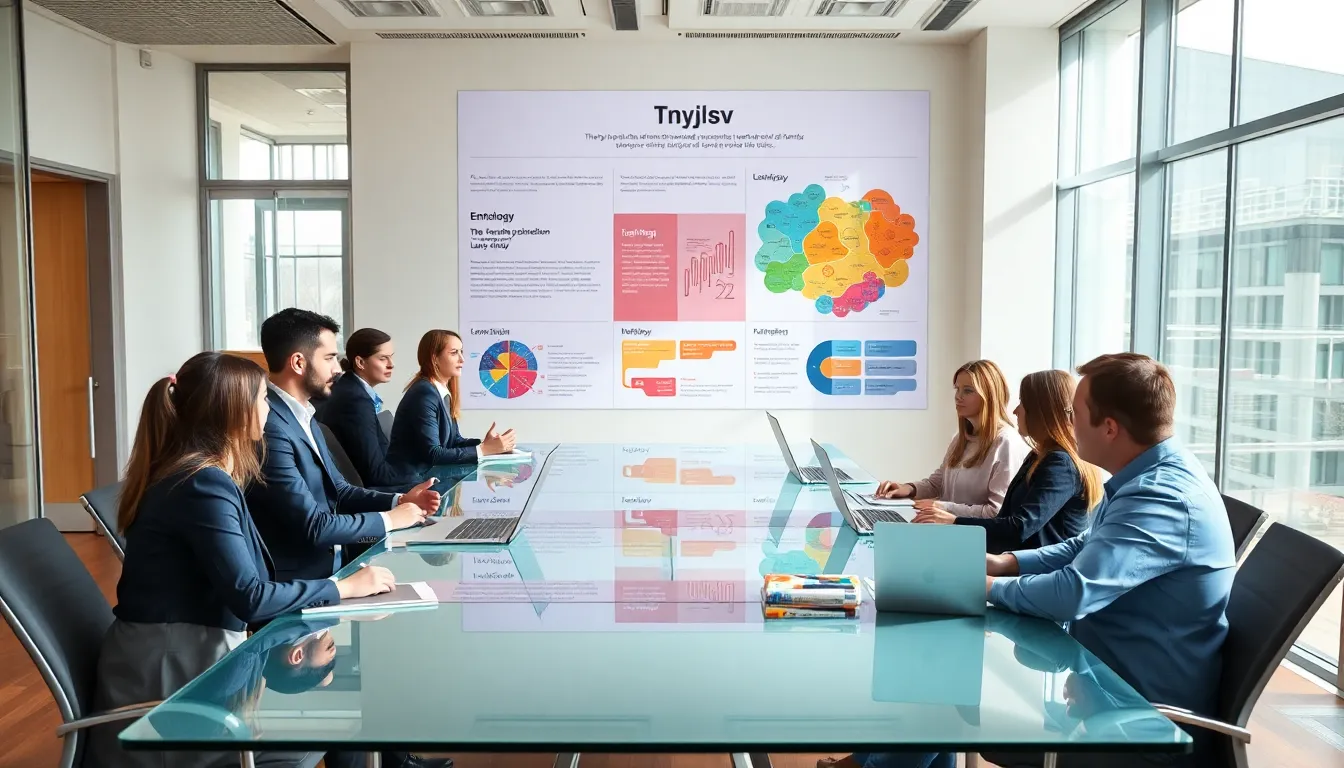 diverse professionals discussing language origins in a modern office.