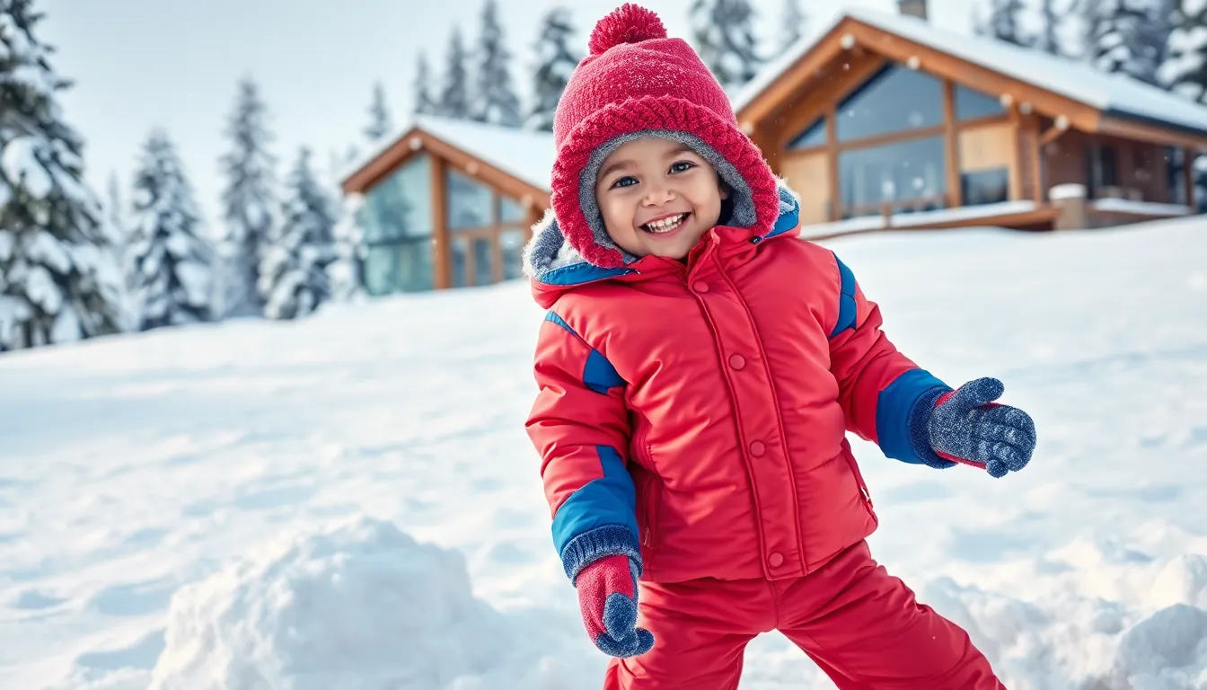 toddler playing in colorful snow gear in a snowy landscape.
