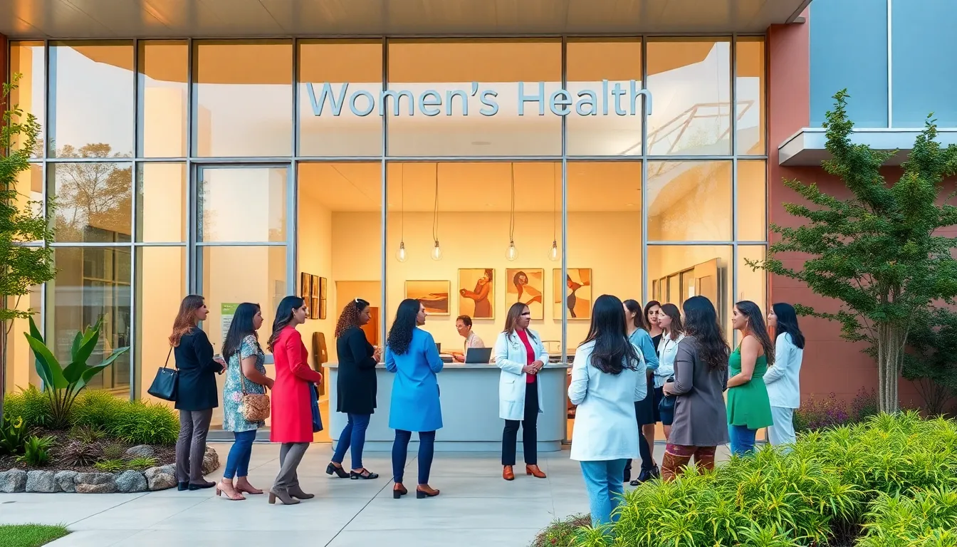 modern women's health pavilion with diverse professionals collaborating.