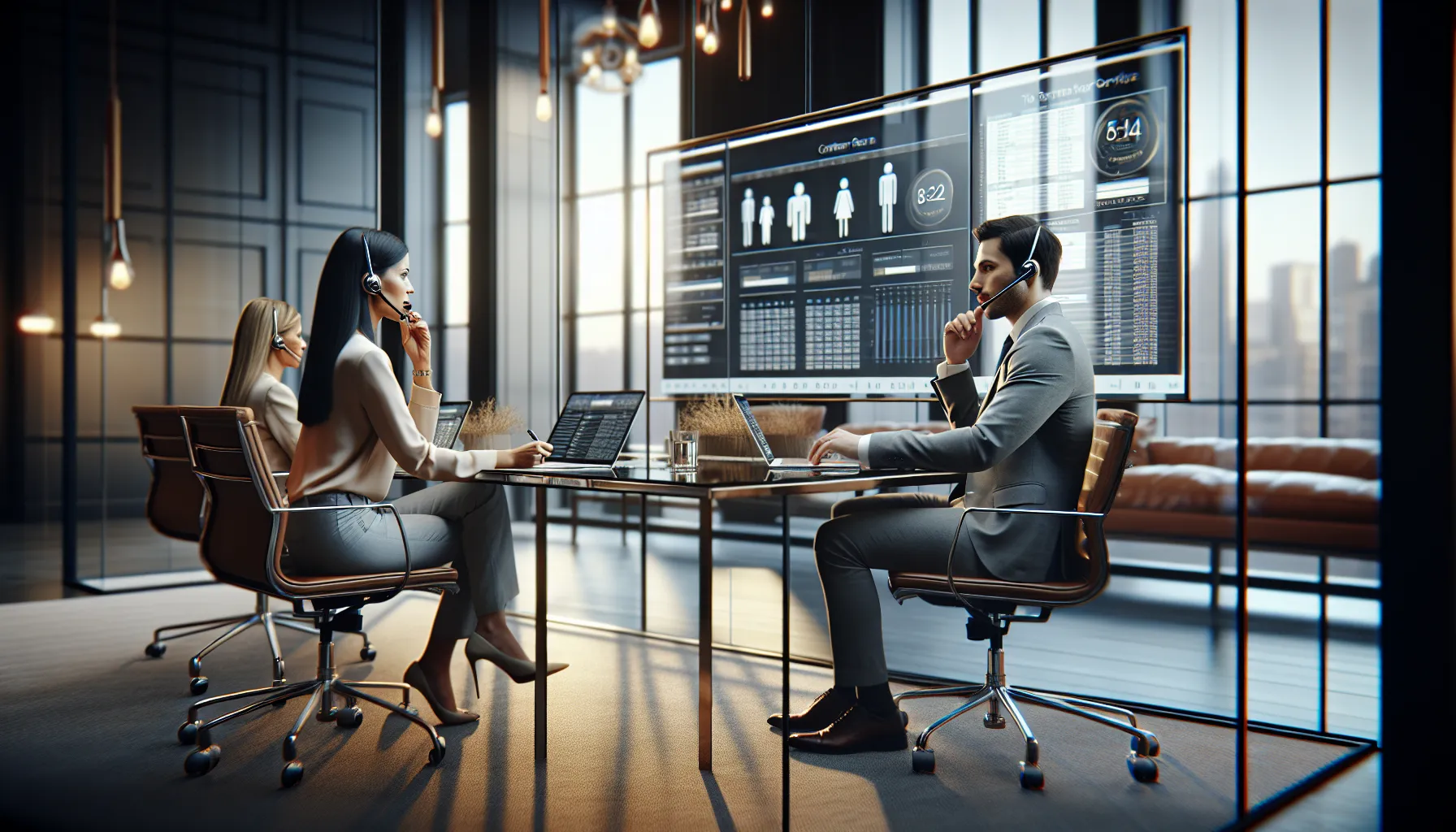 professionals discussing customer service in a modern office.