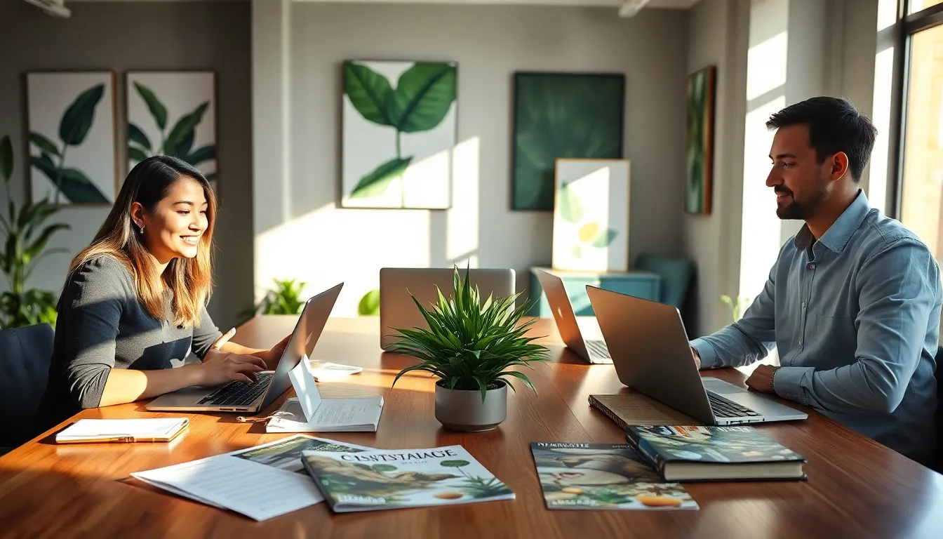 diverse team collaborating on conservation blogging in a modern office.